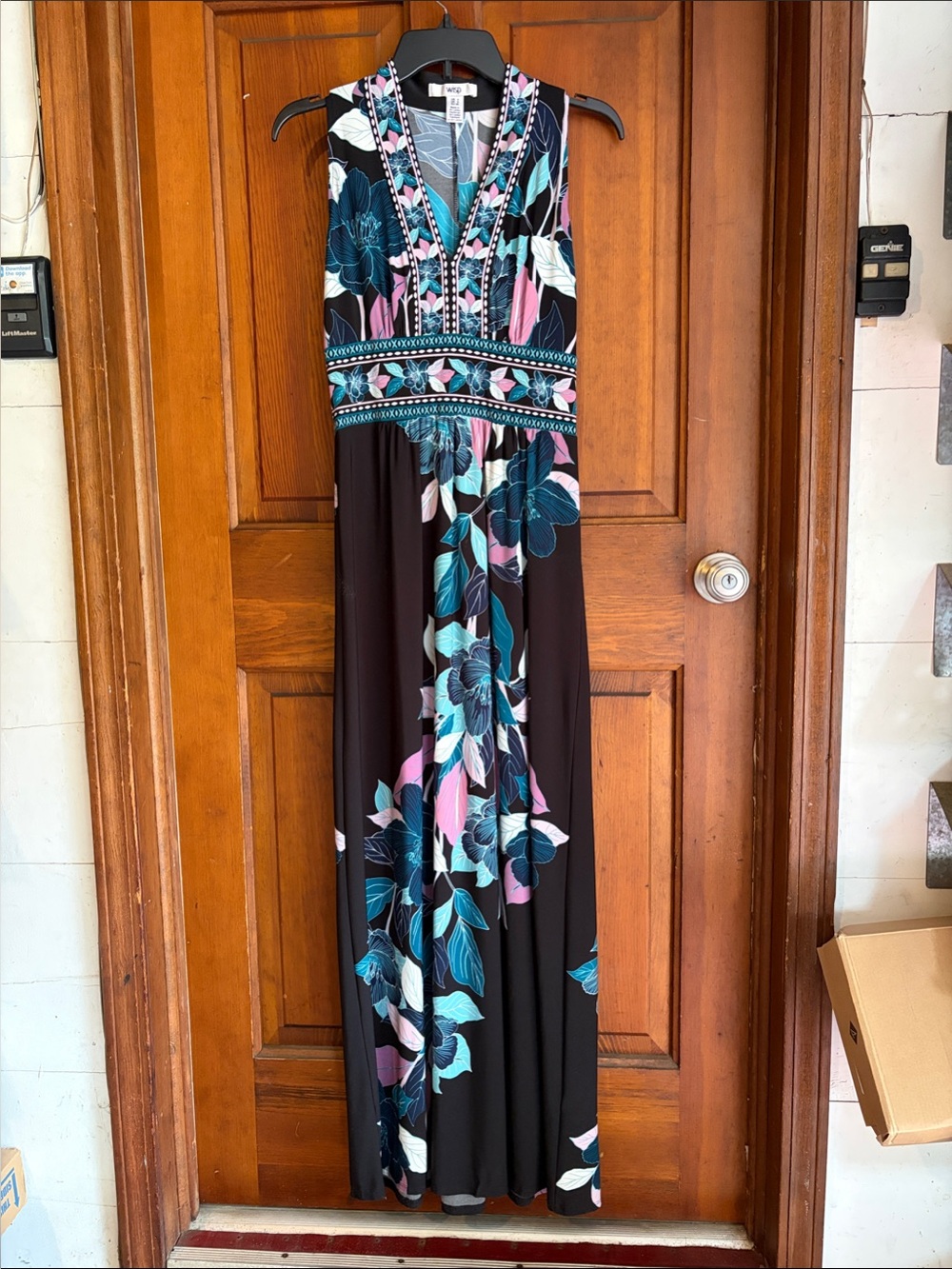 Floral V-Neck Black Maxi Dress with Teal & Pink Accents